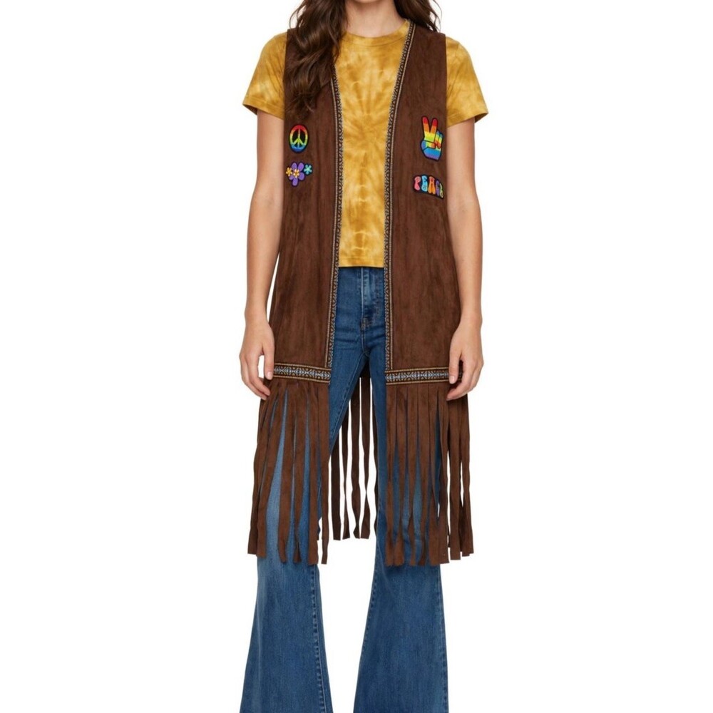 70s Hippie Fringe Vest Faux Suede Embroidered Peace Patches Costume Festival